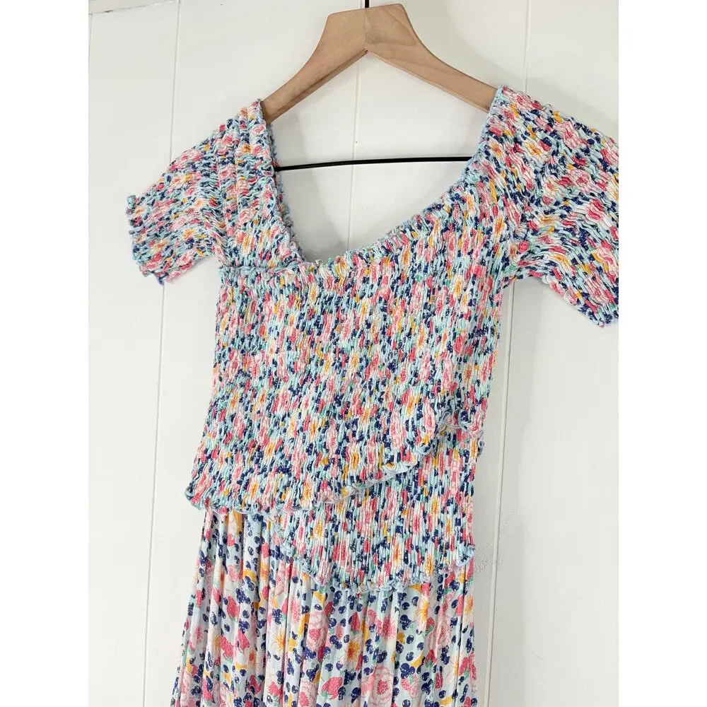 NWT Poupette St Barth Soledad Smocked Off Shoulder Maxi Dress XS Blue Spring - Picture 2 of 7